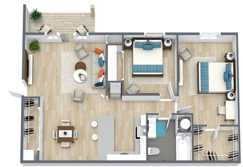 Floor plan for 2 beds, 1 bath, 950 sqft